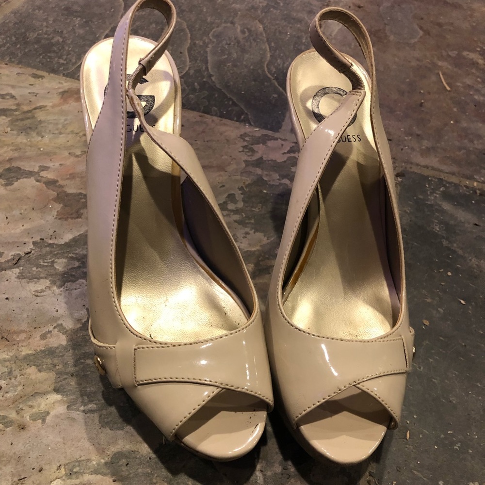 Nude and Cork Open Toe Guess Pump